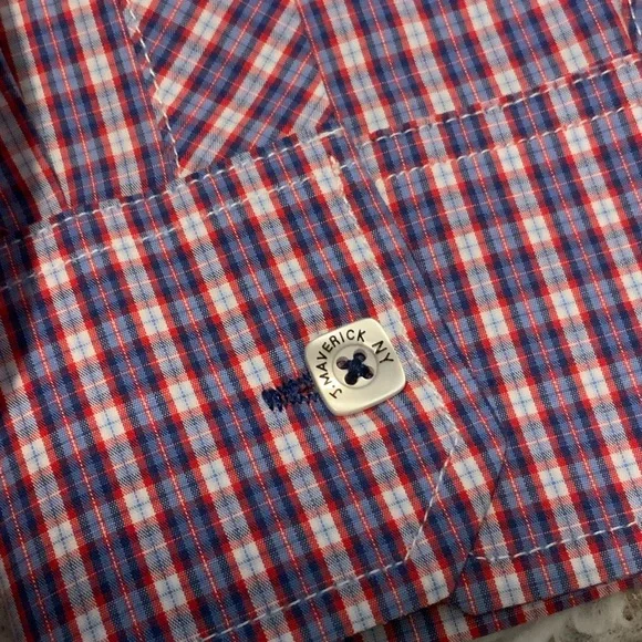 Men's Red and Blue Long Sleeve Checkered Button-Down Shirt - Picture 5 of 5